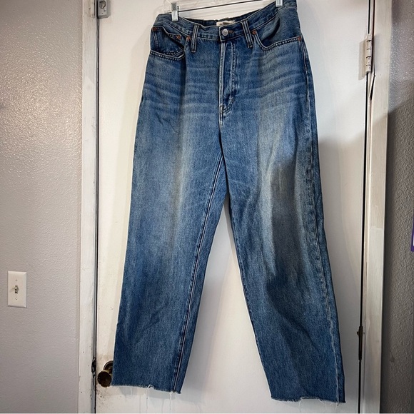 Madewell Dad Jeans Blue Denim Baggy Straight Wide High Rise Distressed Hem 30 - Picture 1 of 13